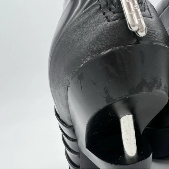 L.A.M.B.Black Patent Leather Open Toe Ankle Boots Silver Stiletto Heel Modern - Picture 10 of 13